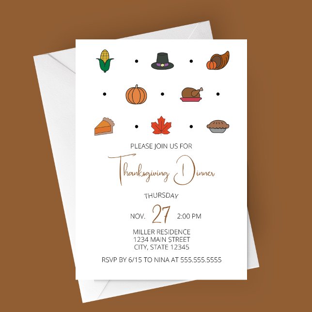 Convite Jante de Ação de Graças com Ícones de qued (Thanksgiving Icons Thanksgiving Dinner Party Invitation)
