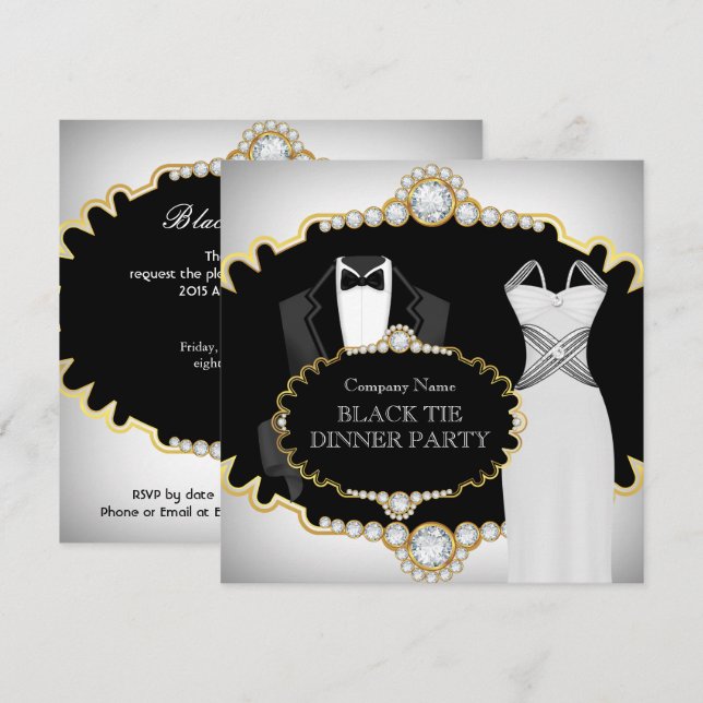 Convite Janto Black Tie Party White Dourado (Frente/Verso)