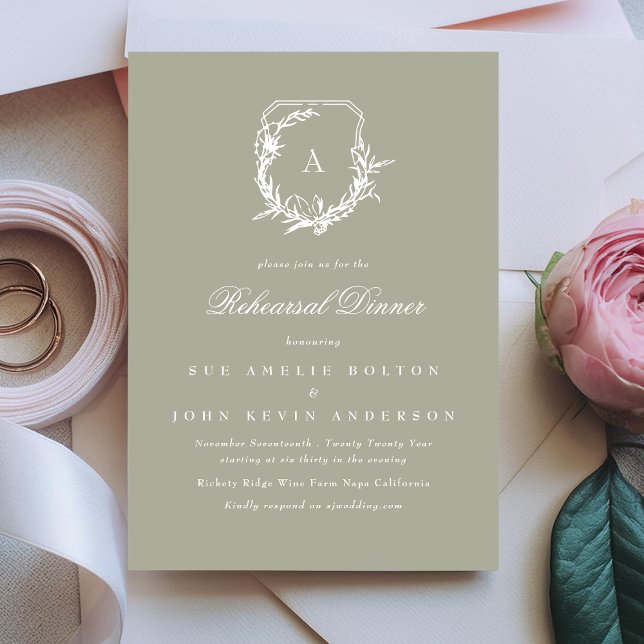 Convite janto clássico de ensaio de monograma verde-sábio (Criador carregado)