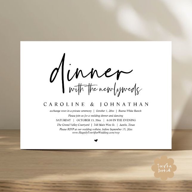 Convite Janto com os Newlyweds, Partido do Elopemento de C (Dinner with the Newlyweds, Modern Wedding Elopement Party Invitation Card PDF Black White)