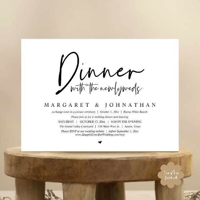Convite Janto com os Newlyweds, Partido do Elopemento de C (Dinner with the Newlyweds, Modern Wedding Elopement Party Invitation Card PDF Black White)