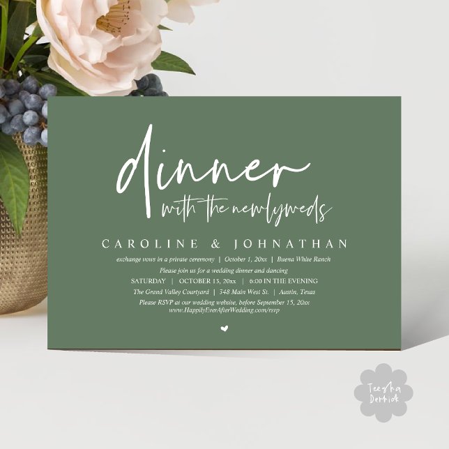 Convite Janto com os Newlyweds, Partido do Elopemento de C (Dinner with the Newlyweds, Modern Wedding Elopement Party Invitation Card PDF Greenery Sage Green)