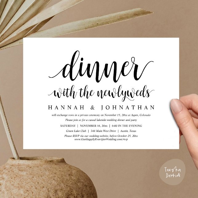 Convite Janto com os recém-casados, Elopemento de Casament (Dinner with the newlyweds, Wedding Elopement Invitation Card PDF Modern Rustic Party Black White)