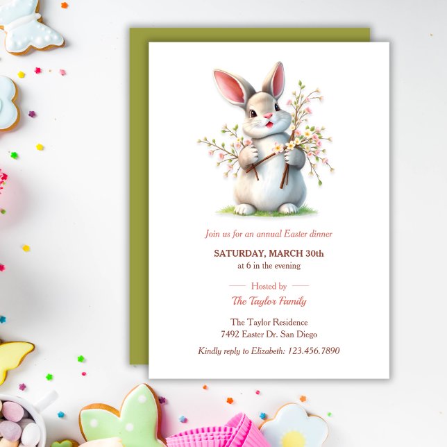 Convite Janto da Família Coelho Coelho Coelho da Páscoa (Easter Bunny Pastel Cute Family Dinner Invitation)
