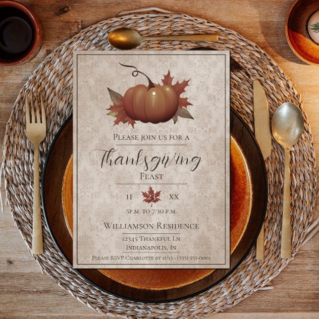 Convite Janto Damask Pumpkin de Ação de Graças | Bege (Thanksgiving Pumpkin Damask Dinner Invite)