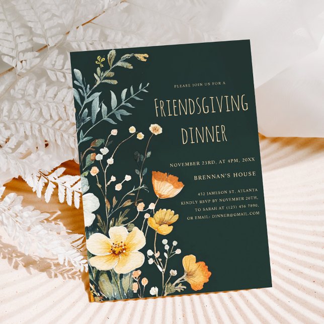 Convite Janto de Ação de Amizade Wildflower Moody (Wildflower Moody Thanksgiving Friendsgiving Dinner Invitation)