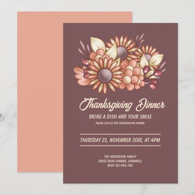 Convite Janto de Ação de Graças Boho floral Brown (Frente/Verso)