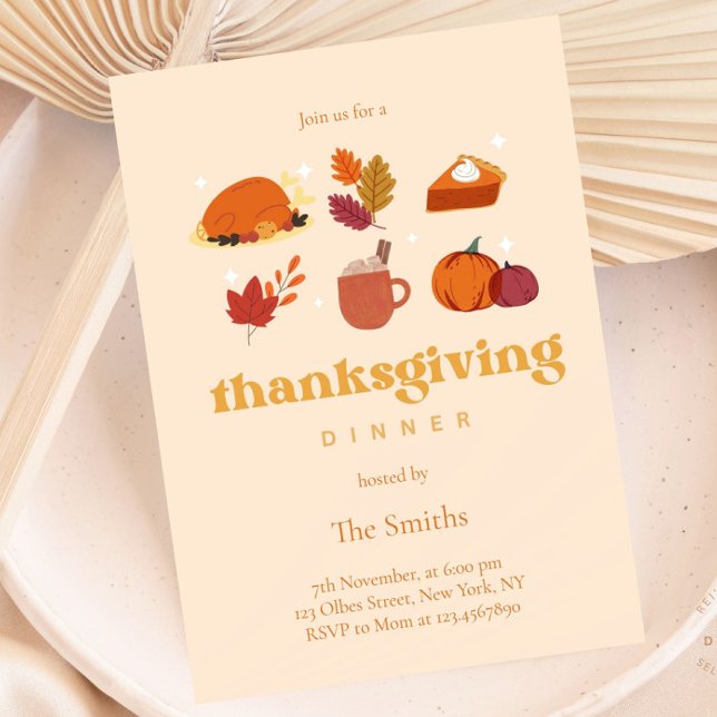 Convite Janto de Ação de Graças da Chic Retro-Estética (Thanksgiving Dinner Orange White Pumpkins Peach Invitation)