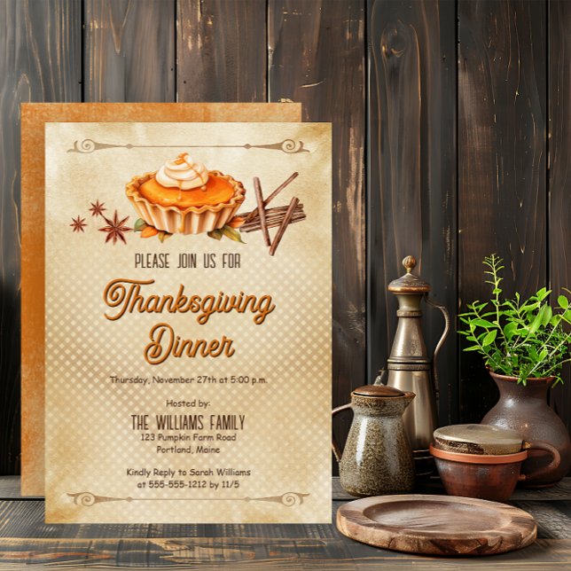 Convite Janto de Ação de Graças da Pumpkin Rustic Country  (Country Rustic Pumpkin Pie Thanksgiving Dinner Invitation - Print | Digital Download)