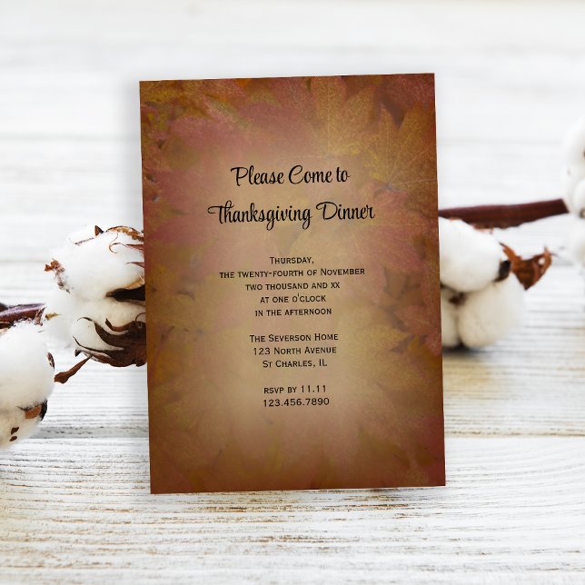 Convite Janto de Ação de Graças de Folhas Castanhas (Invite friends to gather and give thanks with this woodsy Thanksgiving dinner invitation.)