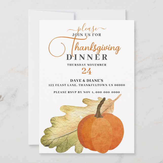 Convite Janto de Ação de Graças de Oak Leaf & Pumpkin Conv (Frente)