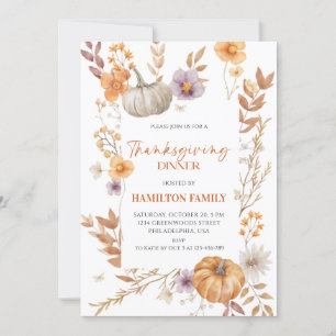 Convite Janto de Ação de Graças Elegante Floral Pumpkin