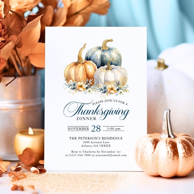 Convite Janto de Ação de Graças Elegante Pumpkins Dourado  (Thanksgiving Dinner Blue Orange Gold Pumpkins Invitation)