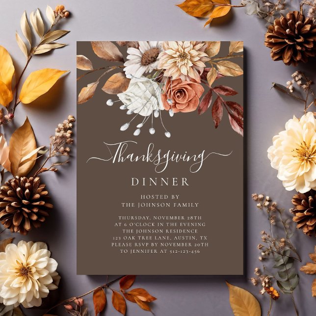 Convite Janto de Ação de Graças Floral de Queda Elegante (Elegant Fall Floral Thanksgiving Dinner Invitation)