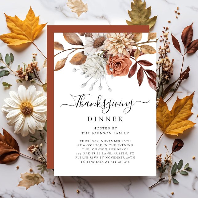 Convite Janto de Ação de Graças Floral de Queda Elegante (Elegant Fall Floral Thanksgiving Dinner Invitation)