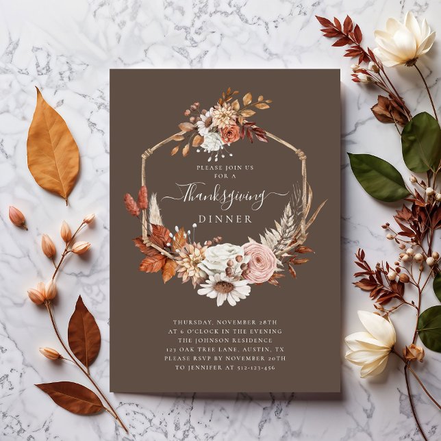 Convite Janto de Ação de Graças Floral de Queda Elegante (Elegant Fall Floral Thanksgiving Dinner Invitation)