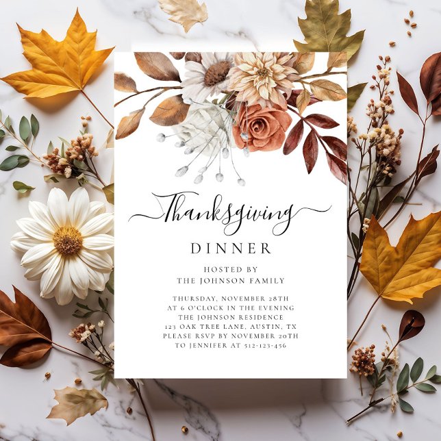 Convite Janto de Ação de Graças Floral de Queda Elegante (Elegant Fall Floral Thanksgiving Dinner Invitation)