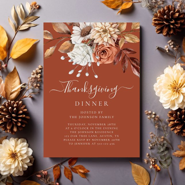 Convite Janto de Ação de Graças Floral do Elegante Terraco (Elegant Terracotta Fall Floral Thanksgiving Dinner Invitation)