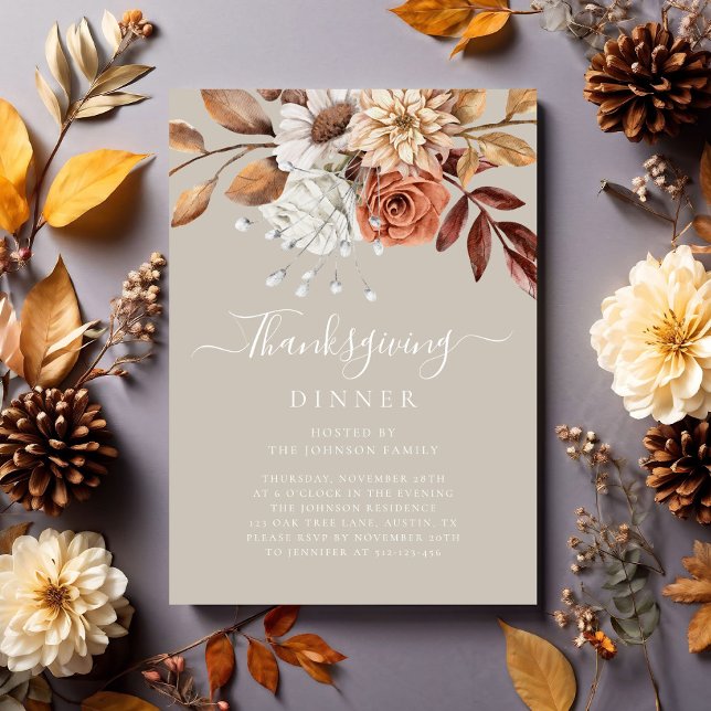 Convite Janto de Ação de Graças Floral Elegante Taupe Fall (Elegant Taupe Fall Floral Thanksgiving Dinner Invitation)