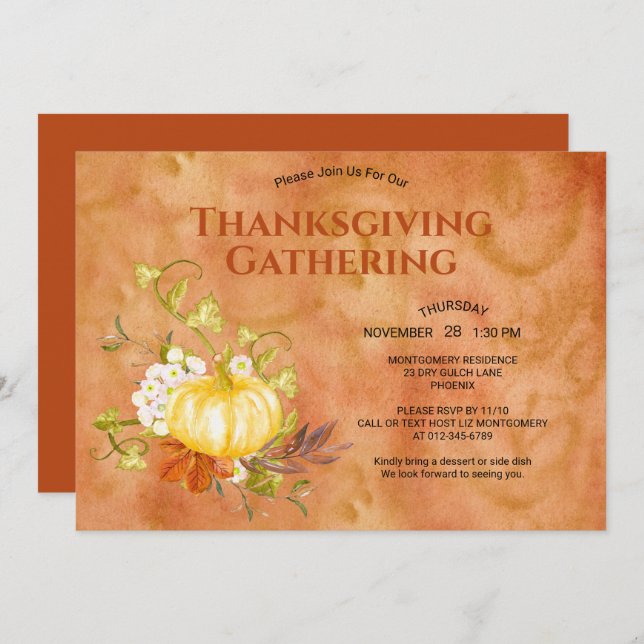 Convite Janto de Ação de Graças Folhas de Abóbora de Aquar (Frente/Verso)
