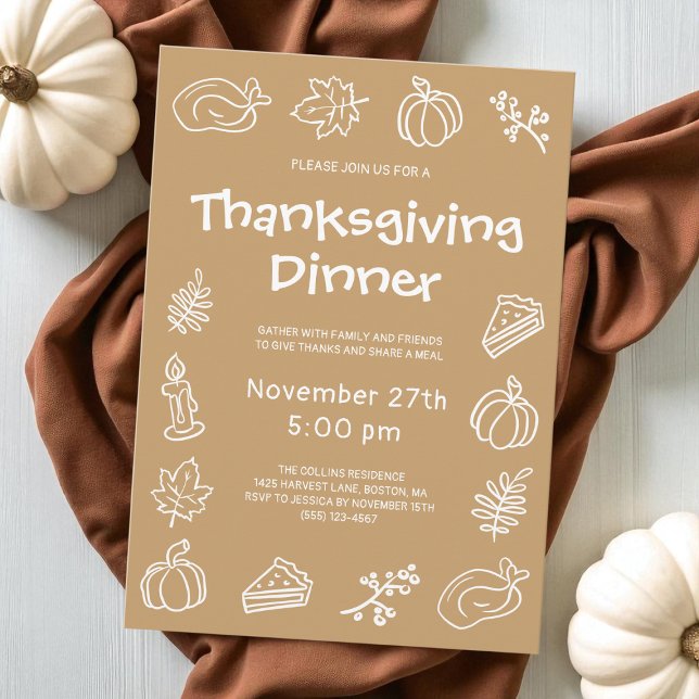 Convite Janto de Ação de Graças Marrom-Marrom-Manuscrito (Hand Drawn Brown Whimsical Thanksgiving Dinner Invitation)