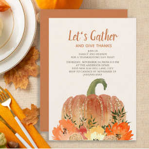 Convite Janto de Ação de Graças Orange Pumpkins Dourado