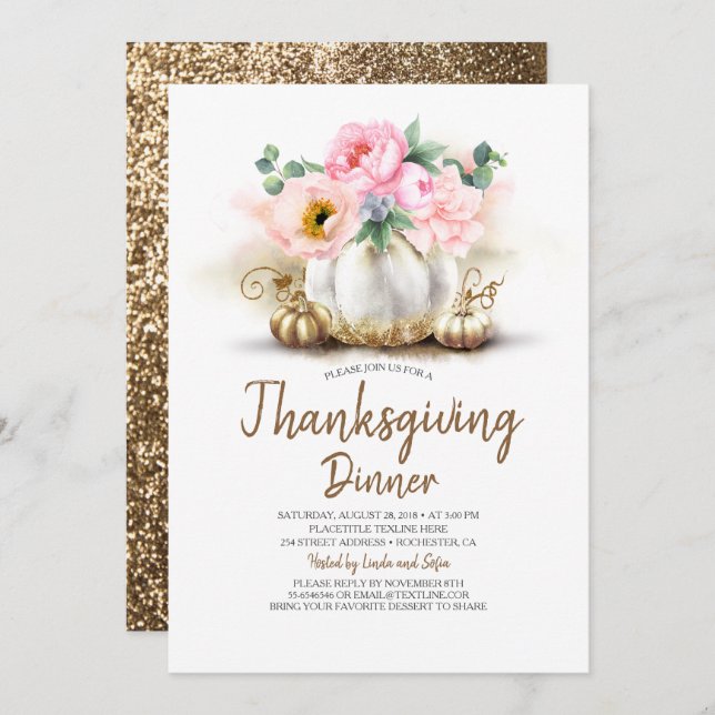 Convite Janto de Ação de Graças Pumpkin Dourado Floral Ros (Frente/Verso)