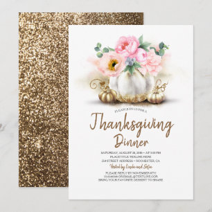 Convite Janto de Ação de Graças Pumpkin Dourado Floral Ros