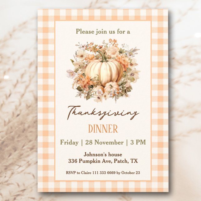 Convite Janto de Ação de Graças Pumpkin Orange Gingham (Thanksgiving Dinner Pumpkin Orange Gingham Invitation)