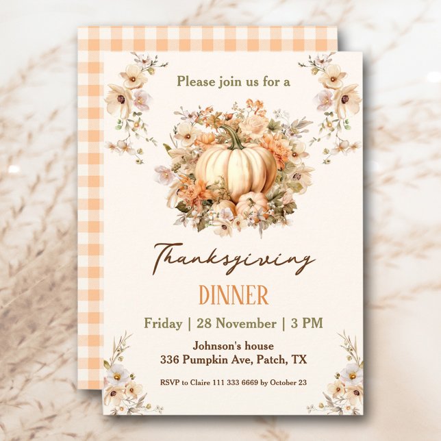Convite Janto de Ação de Graças Pumpkin Pastel Orange Flor (Thanksgiving Dinner Pumpkin Pastel Orange Floral Invitation )