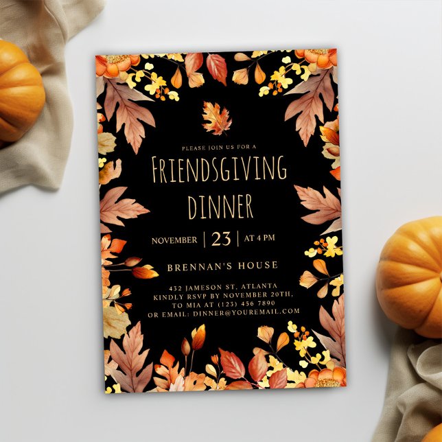 Convite Janto de Ação de Graças Russo Fall (Black Rustic Friendsgiving Dinner Invitation)