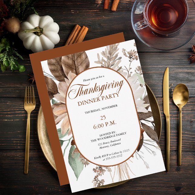 Convite Janto de Ação de Graças Rustic Floral Muted Tones (Elegant Muted Rustic Floral Thanksgiving Dinner Party Invitation - Print | Digital Download)
