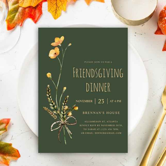 Convite Janto de Ação de Graças Verde (Green Elegant Wildflower Friendsgiving Dinner Invitation)