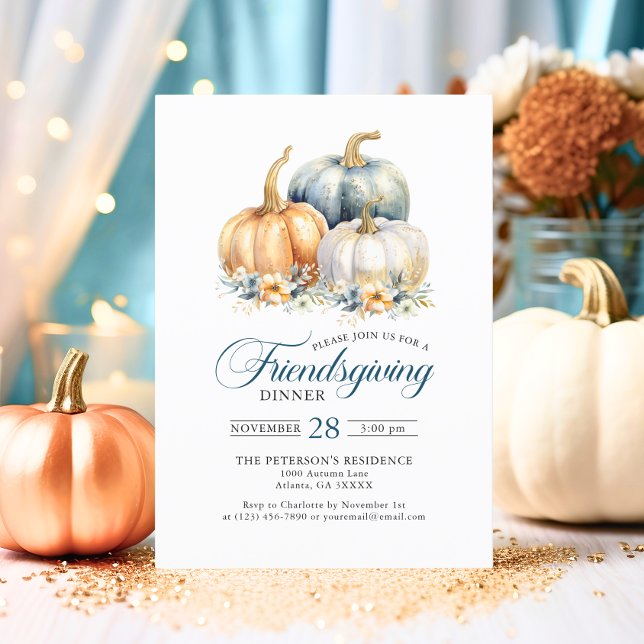 Convite Janto de Amizade Blue Orange Dourado Pumpkins (Friendsgiving Dinner Blue Orange Gold Pumpkins Invitation)