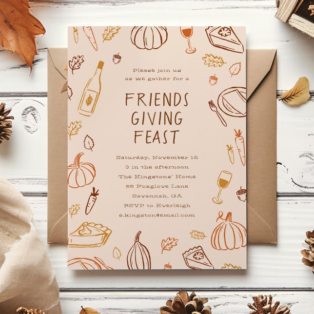 Convite Janto de Amizade de Portas de Queda Whimsical (whimsical pumpkin and fall leaves doodles Friendsgiving invitation)