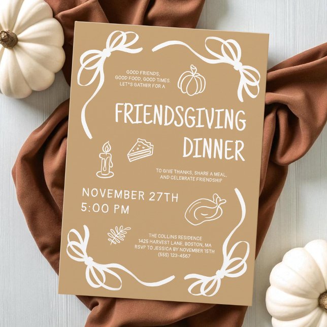 Convite Janto de Amizade Desenhado à Mão Marrom (Brown Whimsical Hand Drawn Friendsgiving Dinner Invitation)