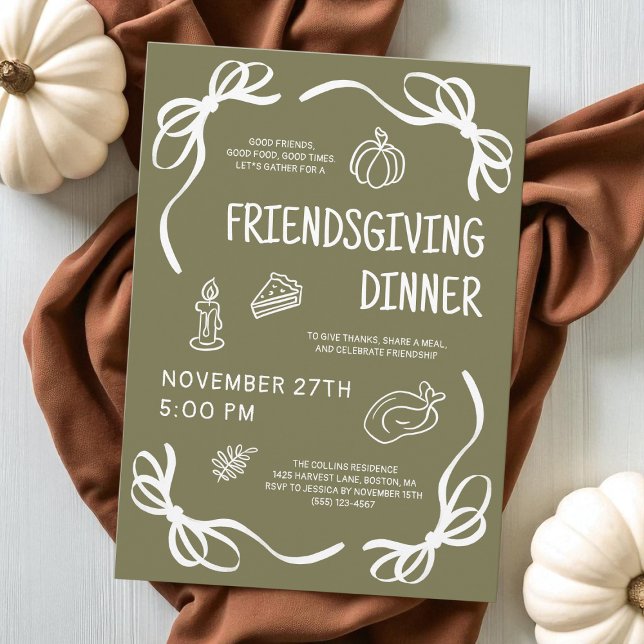 Convite Janto de Amizade Desenhado à Mão Verde (Green Whimsical Hand Drawn Friendsgiving Dinner Invitation)