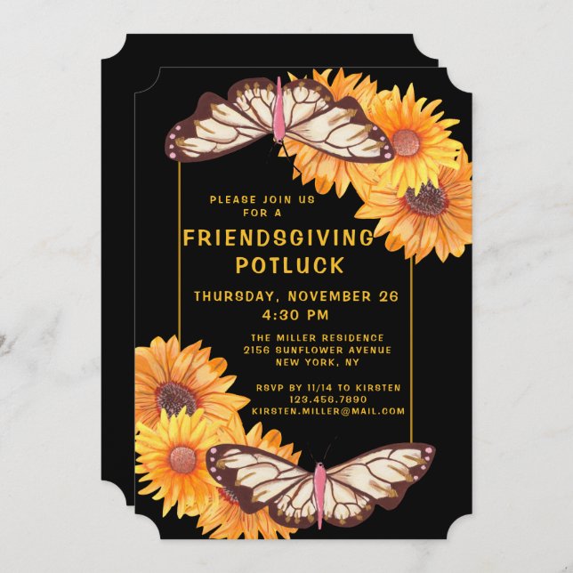 Convite Janto de Amizade Potluck Sunflower Butterfly (Frente/Verso)