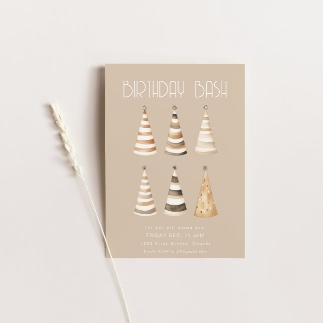 Convite Janto de aniversário bege com chapéus (Criador carregado)