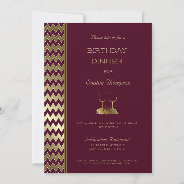 Convite Janto de Aniversário Dourado Burgundy Chevron Stri (Frente)