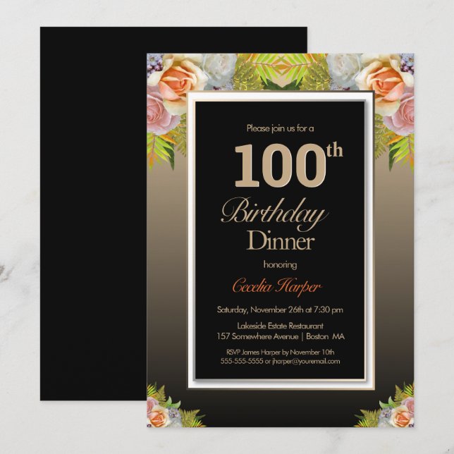 Convite Janto de aniversário Dourado Floral 100º (Frente/Verso)