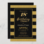 Convite Janto de Aniversário Dourado Negro Striped 18th<br><div class="desc">Um elegante convite de festas de janto de 18 anos,  preto e dourado.</div>