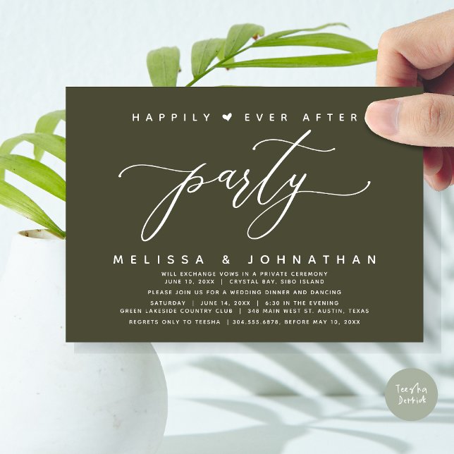 Convite Janto De Casamento De Oliva De Festas Feliz Para S (Modern Romantic Wedding Elopement Happily Ever After Dinner Party Invitation Card, PDF, Olive Green)