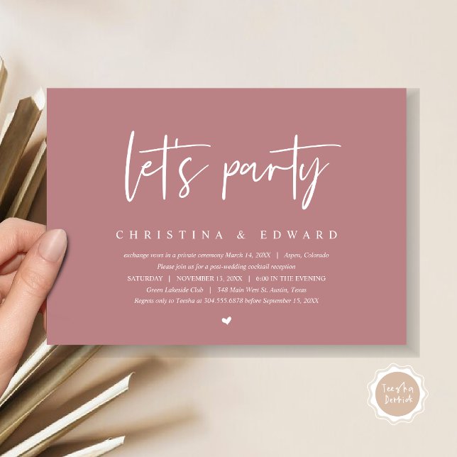Convite Janto de Elopemento de Casamento e Dança, festa de (Let's Party, Post Wedding Elopement Dinner and Party Celebration Invitation Card, in Dusty Rose Pink)