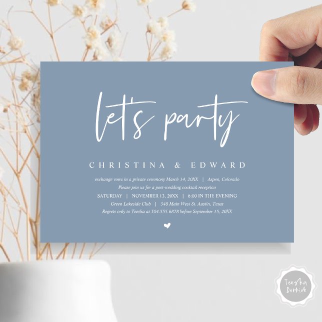 Convite Janto de Elopemento de Casamento e Dança, festa de (Let's Party, Post Wedding Elopement Dinner and Party Celebration Invitation Card, in Dusty Blue)