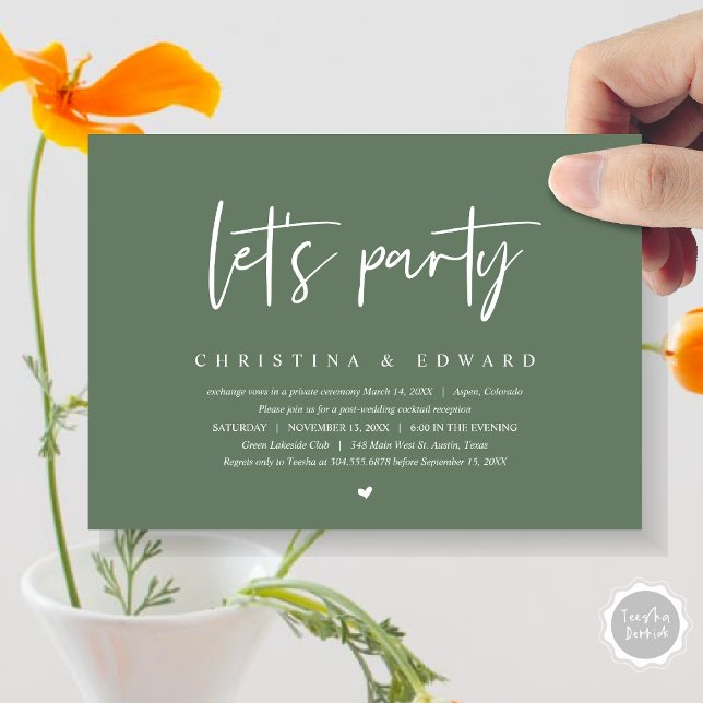 Convite Janto de Elopemento de Casamento e Dança, festa de (Let's Party, Post Wedding Elopement Dinner and Party Celebration Invitation Card, in Sage Green)