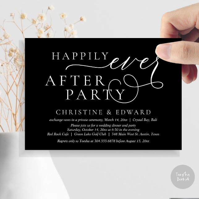 Convite Janto de Elopemento de Casamento, Feliz Nunca Depo (Wedding Elopement Dinner, Happily Ever After Party Invitation Card, PDF, in classy black)