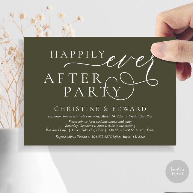 Convite Janto de Elopemento de Casamento, Feliz Nunca Depo (Wedding Elopement Dinner, Happily Ever After Party Invitation Card, PDF, in Olive Green)