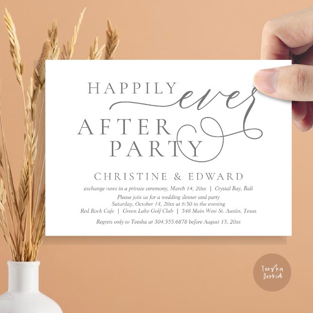 Convite Janto de Elopemento de Casamento, Feliz Nunca Depo (Wedding Elopement Dinner, Happily Ever After Party Invitation Card, PDF, in Dark Grey)
