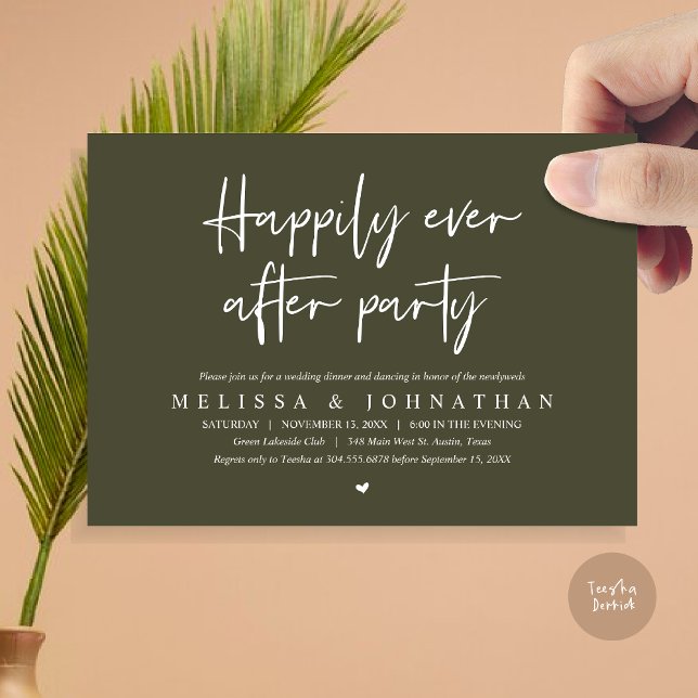 Convite Janto de Elopemento de Casamento, Feliz Nunca Depo (Wedding Elopement Dinner, Happily Ever after Party Invitation Card, PDF, in Olive Green)